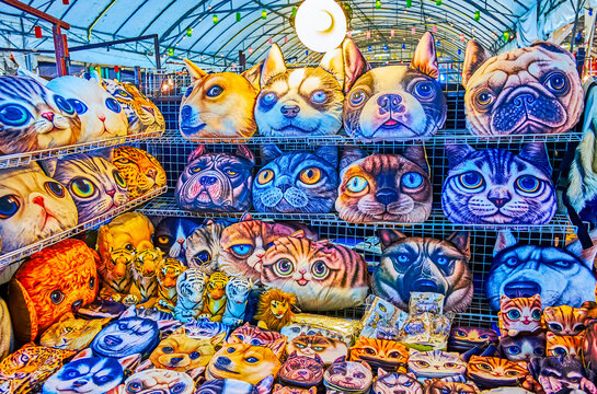 Dogs and cats heads pillows, Anusarn Night Market, Chiang Mai, Thailand