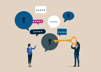 Businessman with key and speech bubbles. Dialogue encryption, Discussion, conversation, meeting, team communication. Modern vector illustration in flat style