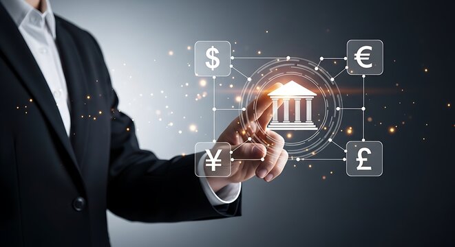 Businessperson interacting with financial currency symbols - Powered by Adobe