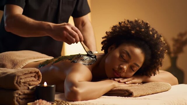 Close Up of Serene African American Woman Enjoying a Mud Wrap Treatment at Eye Level in a Warm Spa Setting with Beige Towels and Soft Lighting for Relaxation and Wellness