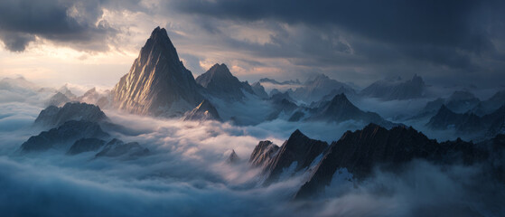 Majestic mountain peaks rising above a sea of clouds at sunrise; dramatic light highlights sharp ridges and mist-filled valleys, creating a breathtaking, ethereal landscape. ai generative