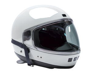 White racing helmet with air vents and carbon fiber details, top-down view, isolated on a transparent background, PNG