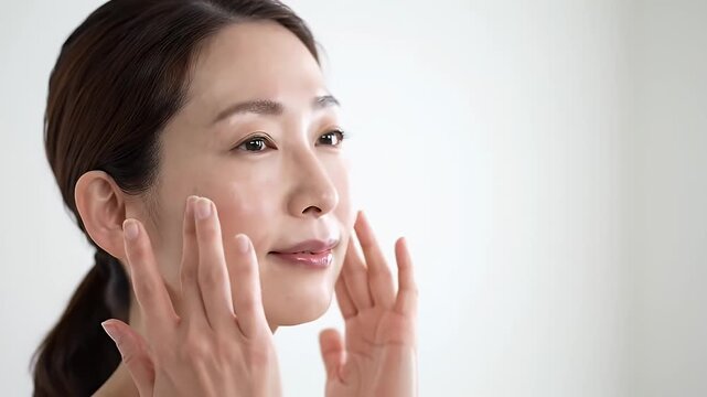 Close Up of Serene Asian Woman Touching Face on White Background For Beauty Cosmetic Ads, Calm Facial Expression Skincare Routine, Health and Wellness and National Self Care Day Concept