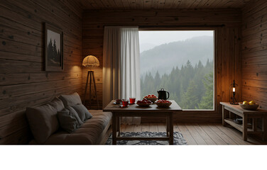 Cozy Cabin Retreat Mountain View Relaxation in Rustic Wooden Interior