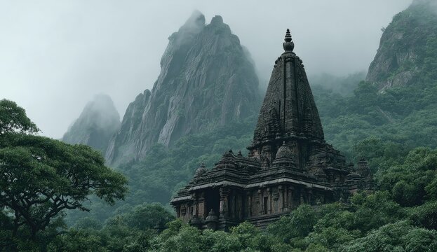 Ancient temple nestled in misty mountains