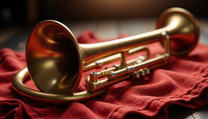 Obraz premium Brass trumpet resting on red fabric with soft lighting 