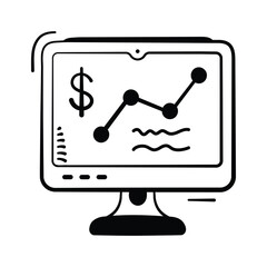 A stylized icon of a computer monitor showing a financial trend graph with a dollar sign