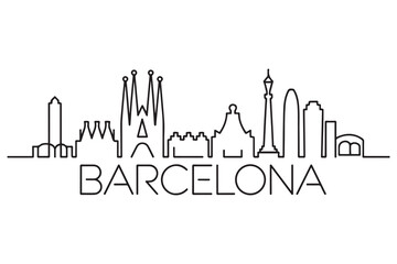 Minimal Barcelona City Line Art Linear Skyline with Typographic Design. Vector black silhouette. with white background