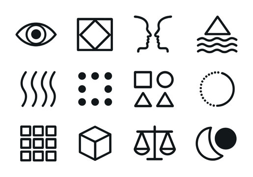 Cognitive Icon Set. Outline icon set of cognitive design cues: perception icons, optical illusions, gestalt