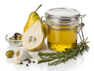 A sealed glass jar filled with golden olive oil sits beside a halved yellow pear green olives garlic cloves and sprigs of fresh rosemary on a bright white reflective surface