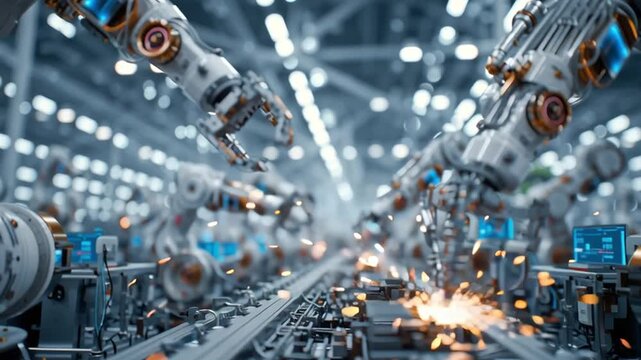 Robotic arms equipped with neurochips are actively engaged in precision tasks within a modern manufacturing facility. The atmosphere showcases advanced technology and intricate coding.