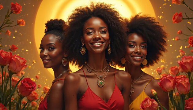 Three elegant African American women radiate confidence, beauty, adorned with stylish jewelry. Surrounded by golden halo, vibrant red flowers, embody sisterhood, cultural pride during Black History