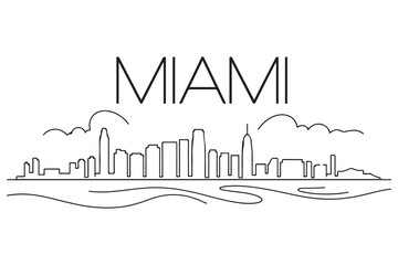Miami City Line Art Silhouette Typographic Design. Vector black silhouette. with white background