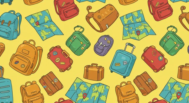 Colorful Travel Pattern: Backpacks Suitcases and Maps. - Powered by Adobe
