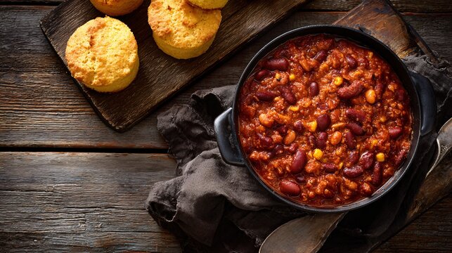 A top-down shot of smoky bean chili with cornbread muffin, napkin crumpled nearby, rustic farmhouse kitchen table, bold colors and grainy texture