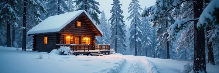 Fototapeta premium A cozy, rustic cabin nestled deep within a snowy forest, offering warmth and protection from the elements Perfect for winter wonderland themes and nature imagery , serene, landscape