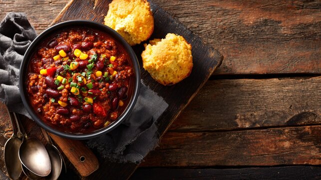 A top-down shot of smoky bean chili with cornbread muffin, napkin crumpled nearby, rustic farmhouse kitchen table, bold colors and grainy texture