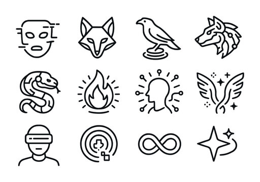 Techno Shapeshifter Icons. Outline icon set of techno shapeshifters: glitch mask, neon fox, hologram bird,