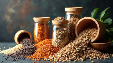 glass containers with natural wooden lids, neatly arranged in a row, showcasing sustainable food storage with grains and spices, highlighted by soft studio lighting for a premium lifestyle look.