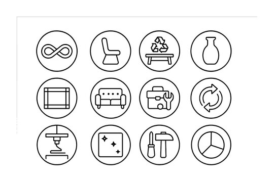 Circular Design Icons. Outline icon set of circular design objects: infinity loop, modular chair, recycled