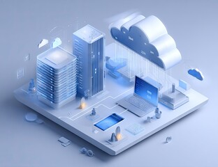 Isometric Cloud Computing and Network Infrastructure Illustration.
