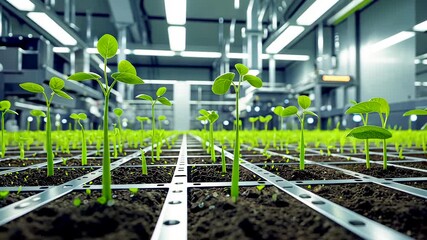 Young green plants growing in modern indoor hydroponic farm with artificial lighting and automated irrigation system - Powered by Adobe