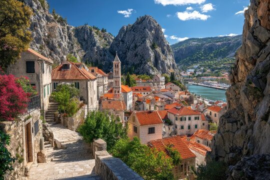 Omis Croatia. Scenic View of Old City Street with Stone Stairs and Church of St Michael, Tower Overlooking Port and River