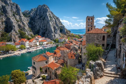 Omis Croatia. Picturesque View of St. Michael Church and Port on a Sunny Day