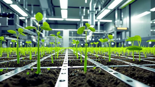 Young green plants growing in modern indoor hydroponic farm with artificial lighting and automated irrigation system