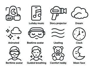 Mixed-Reality Bedtime Icons. Outline icon set of bedtime in mixed-reality: AR nightlight, lullaby music, story