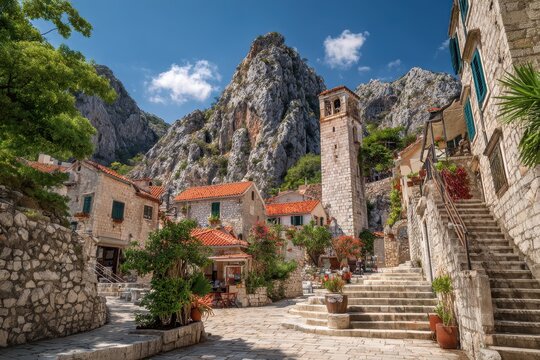 Omis Croatia. Stunning View of the Medieval Port Tower and Church of St Michael in the Balkans