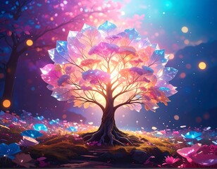 Vibrant glowing tree in a magical forest