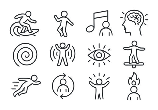 Flow State Icons. Outline icon set of avatar flow state: surfing wave, dancing avatar, music note, glowing
