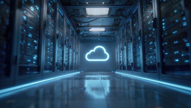 Futuristic Data Center Hallway with Glowing Cloud Symbol.