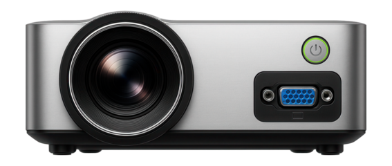 High-lumen PC projector with adjustable focus ring and VGA port for presentations