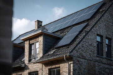 Obraz premium Traditional brick townhouse with rooftop solar panels, Ghent Belgium, steep gable roof.