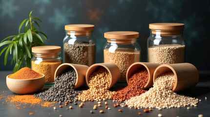 "Minimalist glass jars with wooden lids, modern pantry storage."