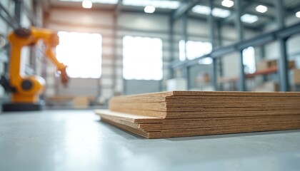 Stack of plywood sheets on factory floor with industrial robot arm blurred in background. Modern manufacturing facility uses automation technology for production. Clean concrete floor, metal