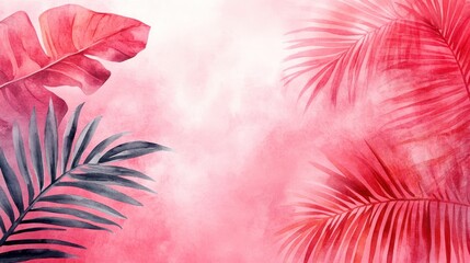 Naklejka premium Tropical leaves in a soft pink background; backdrop for nature or travel theme; digital art