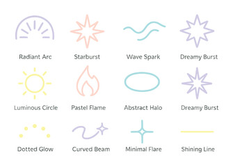 Naklejka premium Pastel Energy Icons. Outline icon set of pastel energy: radiant arc, starburst, wave spark, glowing spiral,