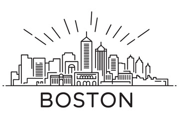 Fototapeta premium Minimal Boston City Line Art Skyline with Typographic Design. Vector black silhouette. with white background