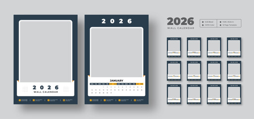 Monthly Wall calendar template for 2026 year | Editable 12-month planner | Week starts on Monday | Printable vector layout for corporate use