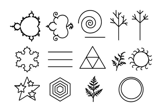 Fractal Icon Grid. Outline icon set of fractal patterns: Mandelbrot set, Julia set, spiral fractal, branching