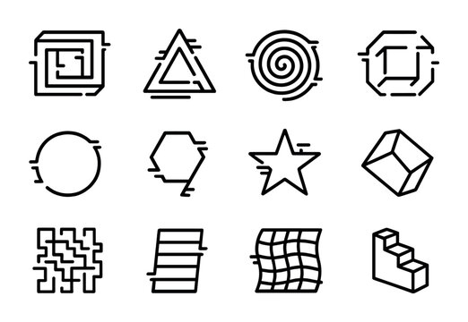 Glitch Illusion Icons. Outline icon set of glitch illusions: impossible square, distorted triangle, glitch