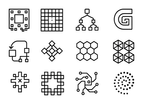 Digital Fractal Icons. Outline icon set of digital fractals: pixel recursion, grid fractal, binary tree, code