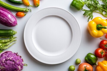 A white plate is surrounded by various vegetables including peppers tomatoes zucchini eggplant cauliflower and herbs against a white background