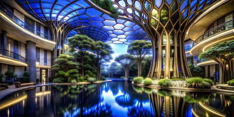 Modern indoor eco architecture with illuminated wooden tree columns lush forest design and reflective water surface