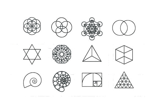 Sacred Geometry Icons. Outline icon set of sacred geometry: flower of life, seed of life, metatron cube,