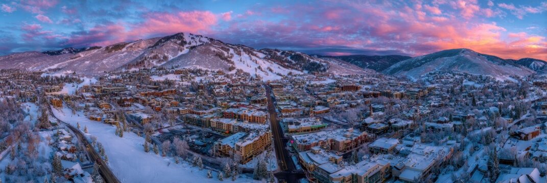 Park City, Utah Downtown Winter Skyline Aerial at Sunset