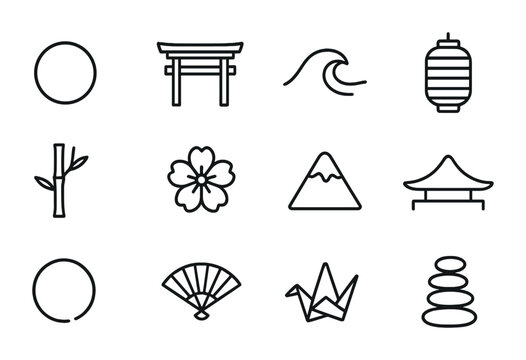 Japanese Minimalism Icons. Outline icon set of Japanese minimalism: rising sun circle, square gate, simple
